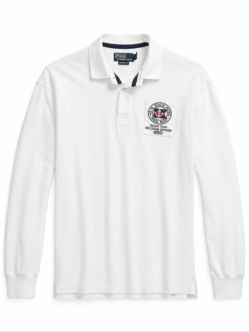 Ralph Lauren Men Vintage Naval Patch Polo Shirt White Long Sleeve Custom Fit L